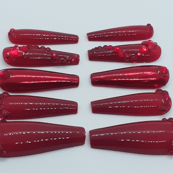 Red Chrome Rhinestones Press on Nails - Picture 4 of 5